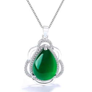 S925 silver necklace featuring a green teardrop chalcedony pendant with pavé zircon frame