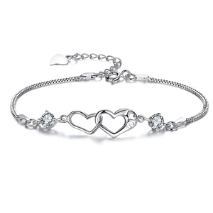 Minimalist S925 sterling silver interlocking double heart bracelet with clear zircons
