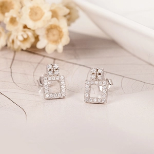 Elegant S925 sterling silver geometric square stud earrings with shimmering zircon pavé