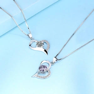 S925 sterling silver heart necklaces with white and purple cubic zirconia stones