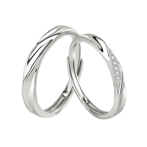 S925 sterling silver couple rings set with adjustable band and sparkling zircon stones