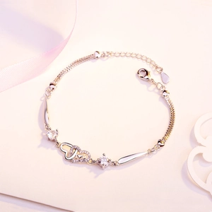 925 Sterling Silver Interlocking Double Heart Bracelet For Women Romantic Rhinestone Adjustable Link Chain Jewelry Gift