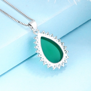 Pendentif goutte en calcédoine verte et argent 925 avec entourage de oxydes de zirconium