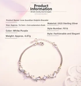 Détails du bracelet dauphin en argent S925 avec pierres violettes et dimensions