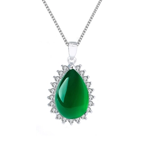 Collier en argent S925 avec pendentif goutte en calcédoine verte et zircons scintillants