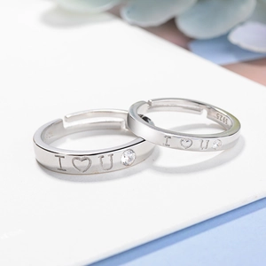 Anelli di coppia regolabili in argento sterling S925 con incisione I Love U e zirconi