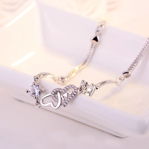 S925 sterling silver interlocking double heart bracelet with I love U engraving and zircon