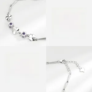 Bracciale quadrifoglio in argento sterling S925 con gemme viola e chiusura regolabile
