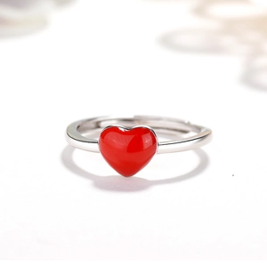 Bague Ouverte Cœur en Émail Rouge Minimaliste en Argent Sterling S925 pour Femme Bague Ajustable Bijoux de Mode Cadeau de Saint Valentin