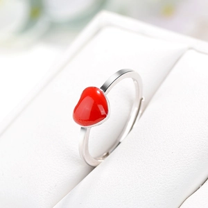 Bague ouverte en argent S925 minimaliste avec détail coeur rouge émaillé