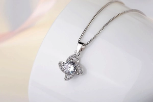 Close-up of S925 sterling silver four-leaf clover pendant with sparkling zircon inlays