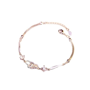 Elegant s925 silver double heart bracelet in rose gold finish with zircon stones