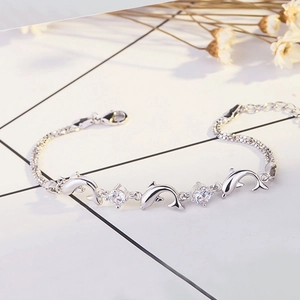Bracelet Dauphin En Argent Sterling 925 Pour Femmes Strass Blanc Violet Brillant Chaîne Réglable Bijoux Animaux Doux Cadeau