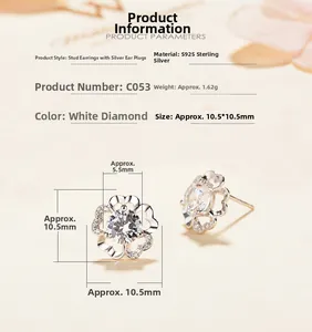 Detailed view of S925 sterling silver flower stud earrings with size specifications