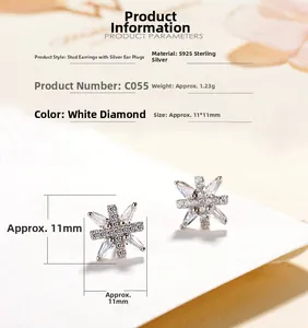 Detail view of S925 sterling silver star earrings with white zircon measuring 11x11mm