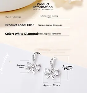 Detailed specs of S925 sterling silver bow earrings with zircon stones, 12x17mm size