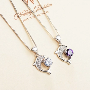 S999 Sterling Silver Dolphin Pendant For Women Minimalist Purple White Rhinestone Inlaid Animal Necklace Jewelry Gift