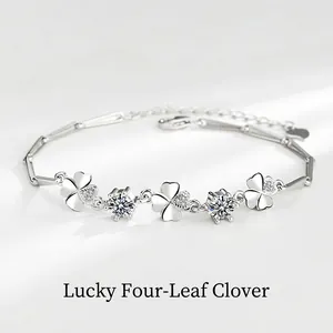 Braccialetto in Argento Sterling S925 Quadrifoglio Per Donna Lucido Strass Catena Regolabile Ciondolo Cuore Gioielli Regalo