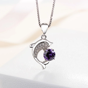 S999 sterling silver dolphin pendant necklace with purple gemstone and pavé diamonds