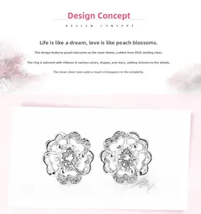 Detailed view of S925 sterling silver peach blossom ring with hollow petals and inset stone