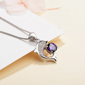 Elegant S999 silver dolphin necklace with purple gemstone and sparkling zircon pendant