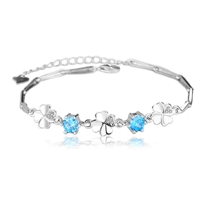 Bracciale quadrifoglio in argento sterling S925 con pietre di zircone blu per donna