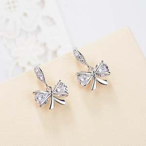 Luxury 925 Sterling Silver Bowknot Stud Earrings Rhinestone Sweet Korean Style Bow Tie Shiny Earrings Jewelry For Women