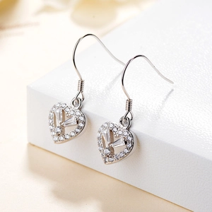 Polished S925 sterling silver heart drop earrings with sparkling cubic zirconia stones