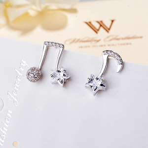 Elegant S925 silver music note stud earrings with asymmetric star and moon zircon charms
