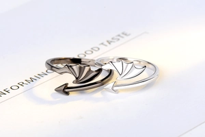 Vue macro des bagues ailes de démon pour couple en argent et noir sur fond blanc