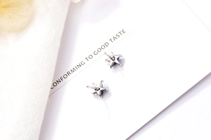 Détail macro de boucles d'oreilles étoile en argent S925 avec zircon bleu et fleurs