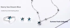Detailed close-up of S925 sterling silver star jewelry set with blue dream gems