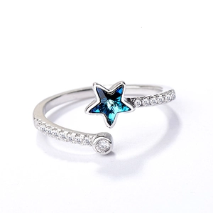 S925 sterling silver open ring with blue star crystal and white pave zircon accents