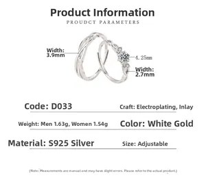 Detailed specs of S925 sterling silver couple rings with braided texture and zircon inlay