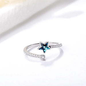 S925 Sterling Silver Star Open Ring For Women Minimalist Blue Rhinestone Adjustable Pentagram Finger Ring Jewelry Gift