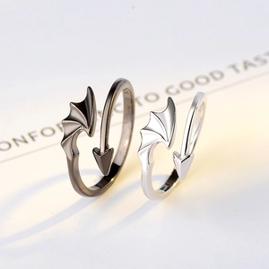Bagues de couple en argent sterling S925 avec ailes d'ange et démon au design ajustable