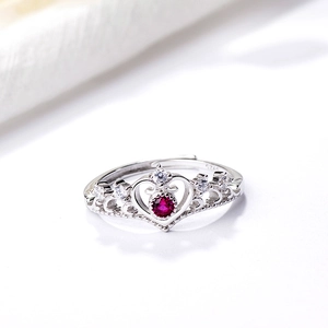 Vintage 925 Sterling Silver Crown Heart Open Ring Red White Rhinestone Inlaid Adjustable Finger Ring Jewelry For Women Gift