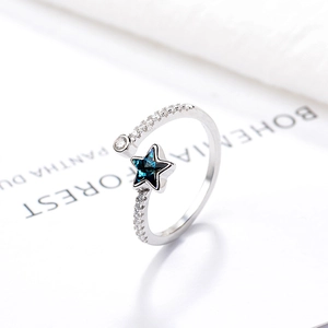 S925 sterling silver open ring featuring a blue star zircon and white crystal accents