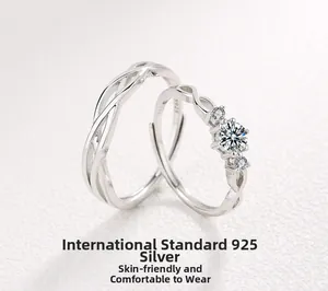 Close-up of S925 sterling silver couple rings set with adjustable open band design