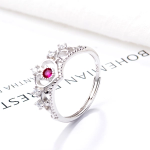 S925 sterling silver crown ring with a red gemstone and adjustable band for women