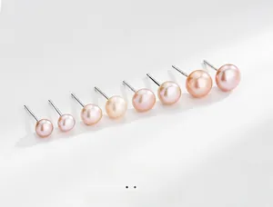 Detail of S999 silver pearl earrings in various sizes from 5mm to 10mm pink gradient