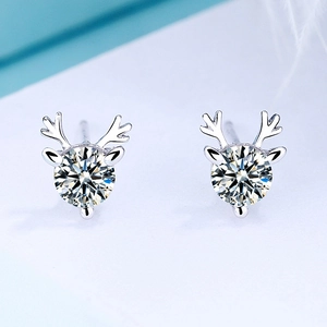 S925 Sterling Silver Antler Stud Earrings For Women Tiny Reindeer Animal Design Zirconia Inlaid Jewelry Christmas
