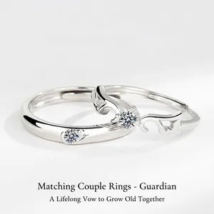 925 Sterling Silver Angel Wings Couple Rings Adjustable Open Ring Rhinestone Wing Matching Band Fashion Jewelry Gift