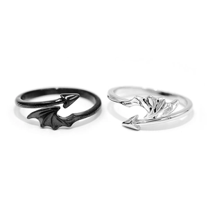 Bagues de couple ailes d'ange et démon en argent S925, noir et argenté, taille réglable