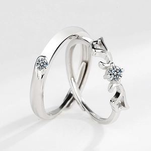 S925 sterling silver angel wing couple rings set with adjustable open band and cubic zirconia