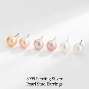 Elegant S999 Pure Silver Stud Earrings With Round Freshwater Pearl For Women Minimalist Handmade Fine Jewelry Gift