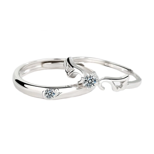 Adjustable S925 sterling silver couple rings with angel wings and sparkling zircon stone