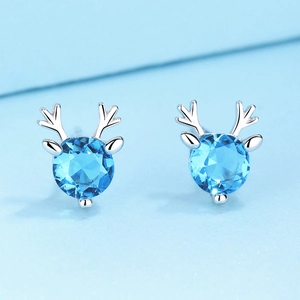 S925 sterling silver reindeer antler stud earrings with blue round-cut crystals for women