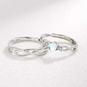 S925 sterling silver couple rings with moonstone and geometric braided design