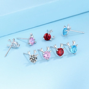 S925 sterling silver reindeer antler stud earrings with colorful cubic zirconia stones